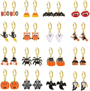Yoshow 16 Pairs Hypoallergenic Halloween Earrings for Women Teen Girls Dangle Drop Hoop Earrings Set Fall Earrings Pumpkin Spider Bat Black Cat Ghost Witch Spooky Halloween Jewelry